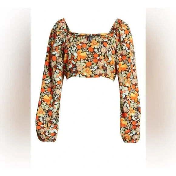 Vero Moda Saga Sweetheart Neck Crop Top Size XS Long-Sleeve Blouse Floral - Picture 12 of 12